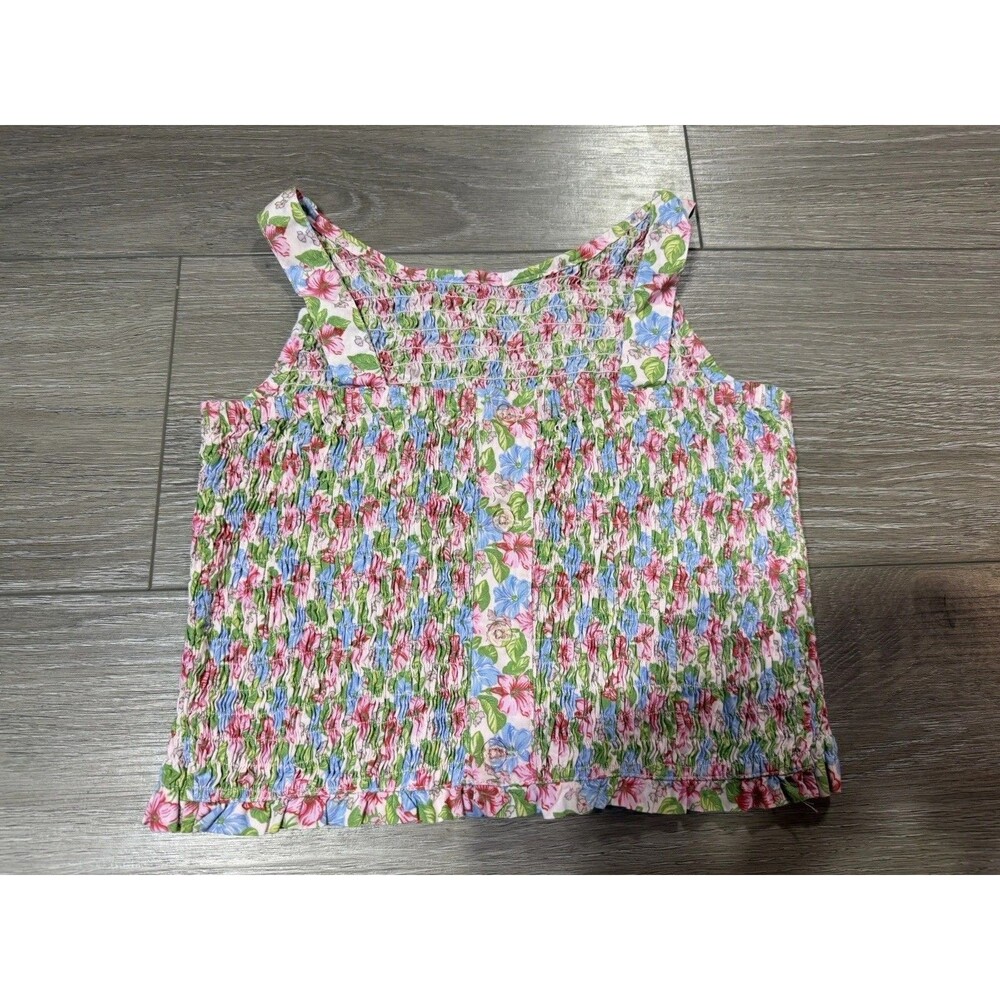 NWOT Girls GAP Pink & Blue Floral Elastic Smocked Ruched Top - SZ M